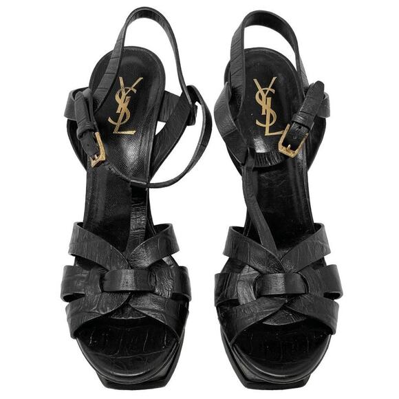 Saint Laurent Tribute 120 Black Embossed Leather Platform Sandals Size 40.5 - Picture 1 of 11